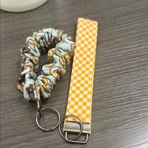 Patterned Scrunchie and Yellow Checkered Keychain